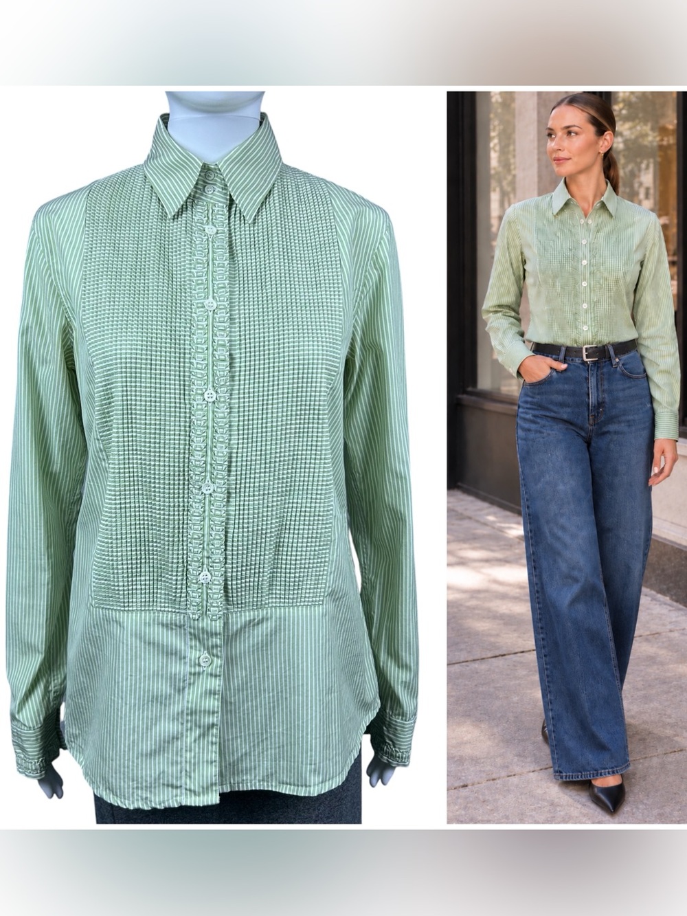 Etro Textured Bib Pintuck Striped Button Up Shirt Women 8 US 44 IT Preppy Italy
